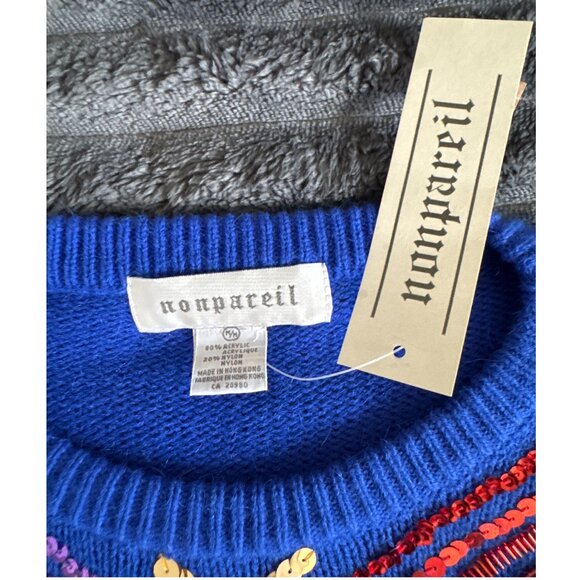 Vintage Blue Sequin Sweater disco glam knit holiday – Made in Hong Kong - Picture 3 of 4